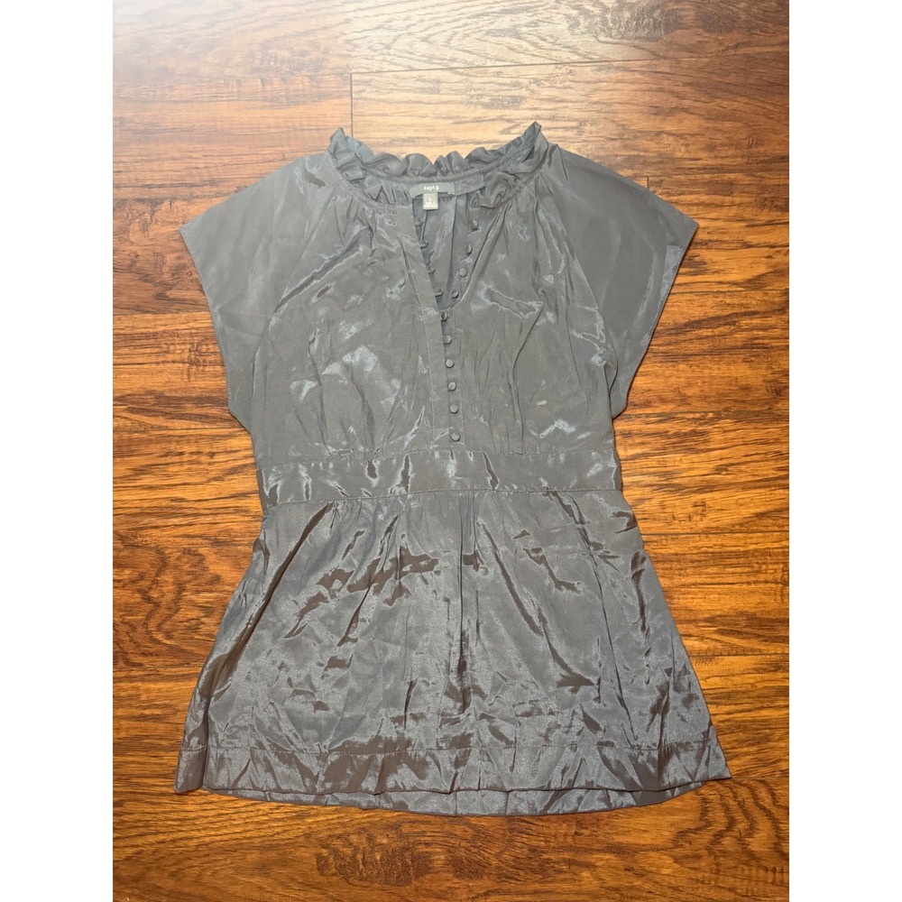 Apt. 9 Women's Large Gray Satin Blouse Ruffle Neck Button Front Tie Waist